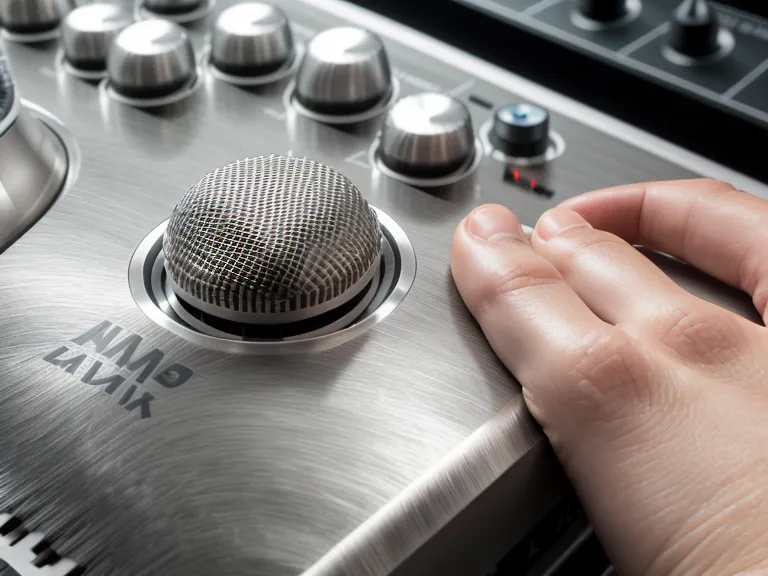 Close-up of an audio technician's hand on a professional mixing console.