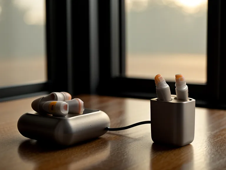 Professional earplugs and a coffee mug on a wooden table.