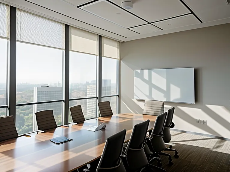A quiet corporate conference room reflecting the silence managed by effective tinnitus support.