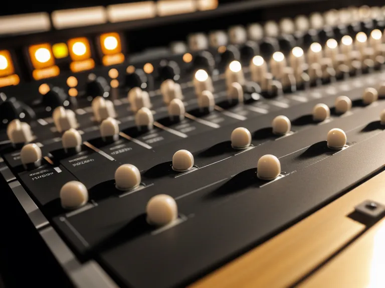 Close-up of a soundboard fader with earplugs resting on the mixing console.
