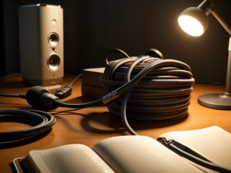 Close-up of an XLR audio connector and foam earplugs on a wooden desk.