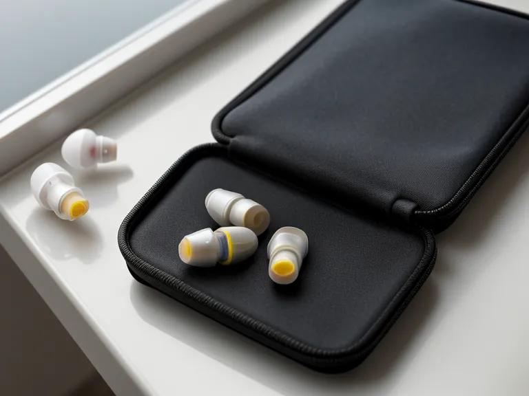 High-fidelity earplugs and studio headphones on a tech worker's desk.
