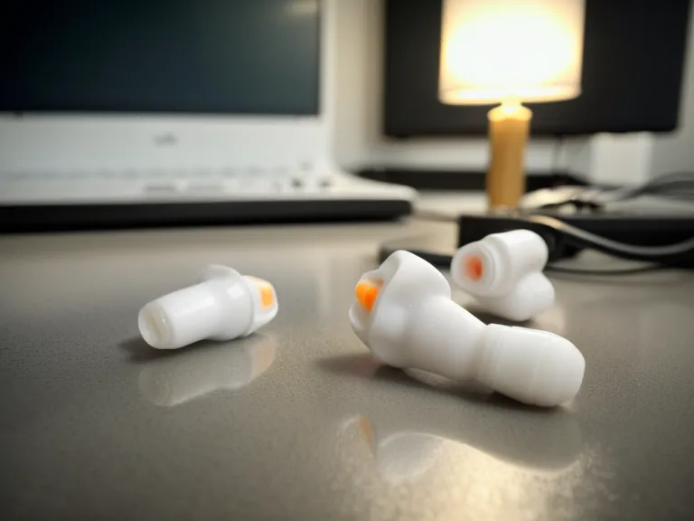 Foam earplugs on an audio manual with coffee and supplements.