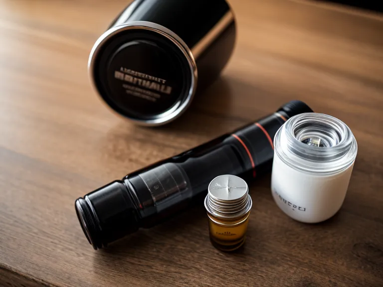 Supplement bottle next to audio gear and coffee in a Nashville studio