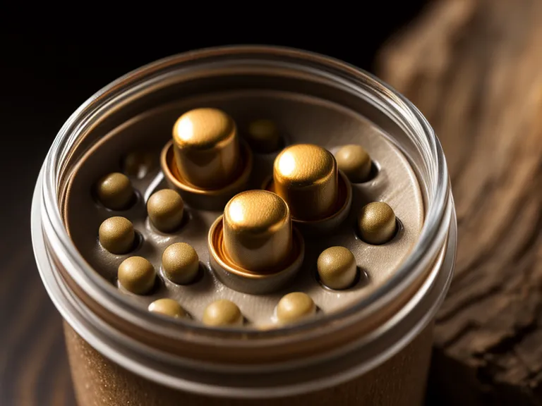 Close-up of a hearing health supplement capsule on a wooden desk.
