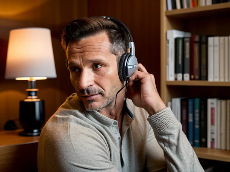 Man checking jaw tension while wearing headphones in a home studio environment.
