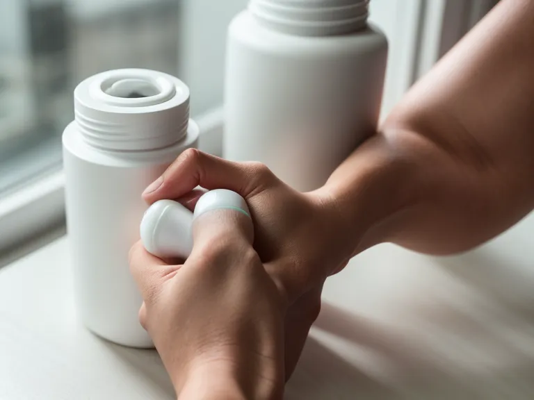 Close-up of an Audifort bottle being held in a home office.