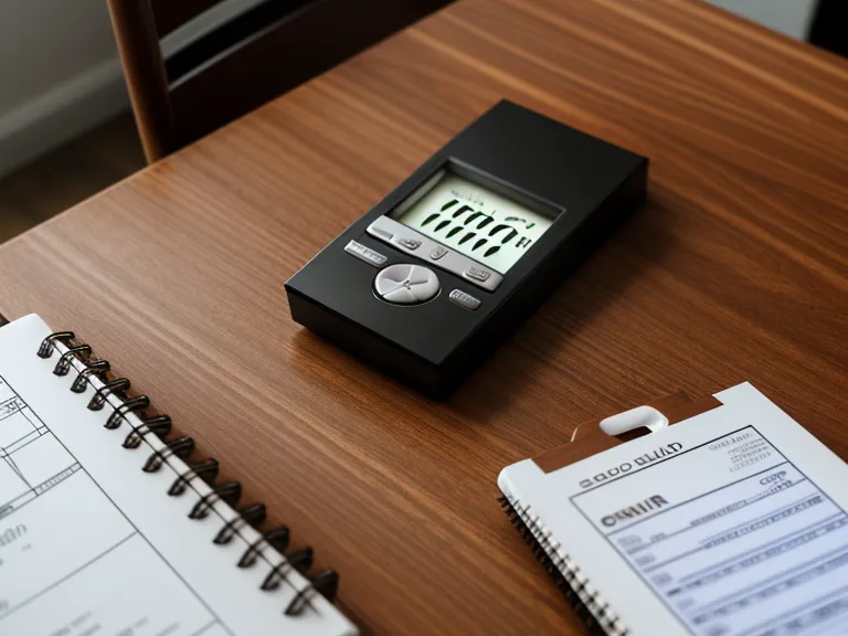A sound level meter showing 85 decibels next to a supplement tracking notebook.