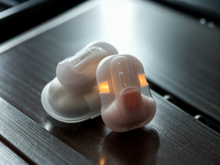 High-fidelity earplugs and hearing supplements on a bedside table in soft light.